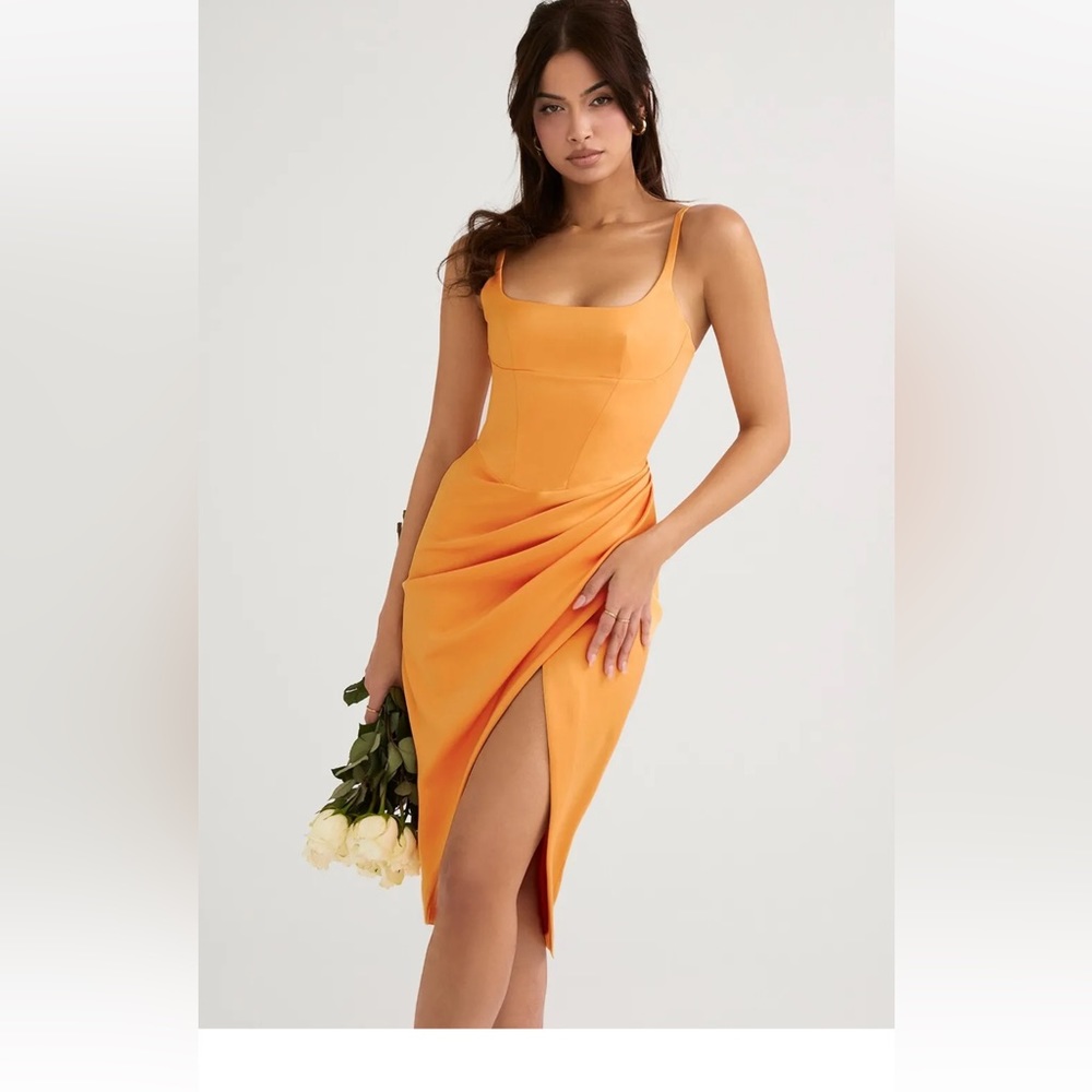 HOUSE OF CB 'Bianca' Tangerine Satin Pleated Corset Midi Dress/Size XS-US 2-4